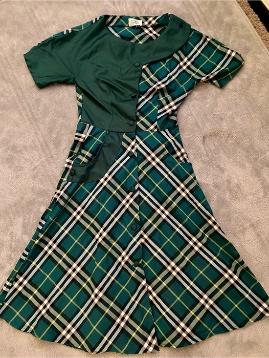 Unique Vintage Dresses & Skirts - Unique Vintage Green Plaid Retro Swing Dress, Medium
